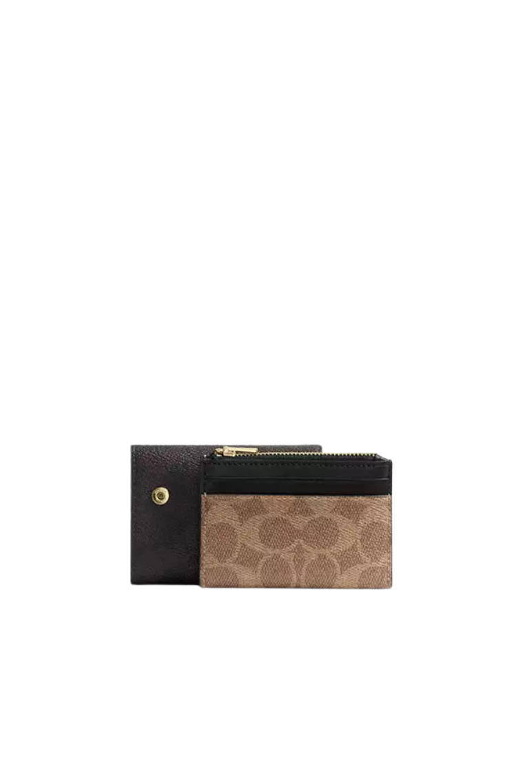 ( AS IS ) Coach Card Holder Wallet In Blocked Signature Canvas In Walnut Tan CZ446