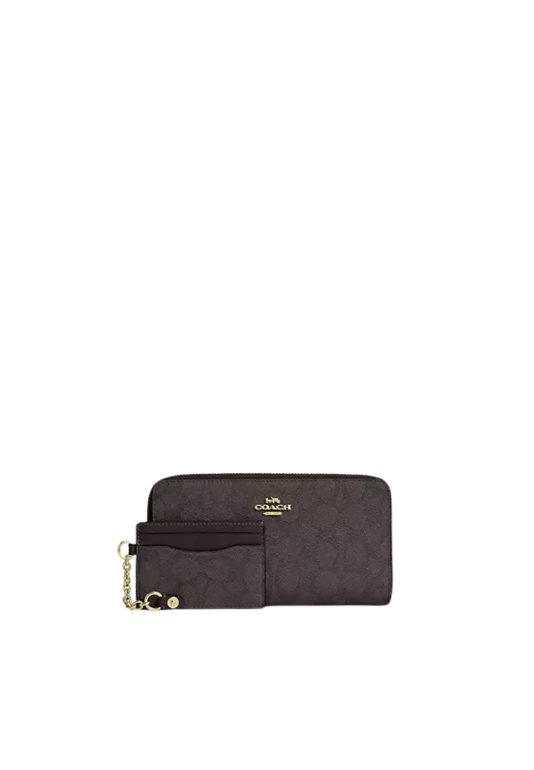 Coach Long Zip Around Wallet With Detachable Card Case In Signature Canvas In Walnut Black Cbz99
