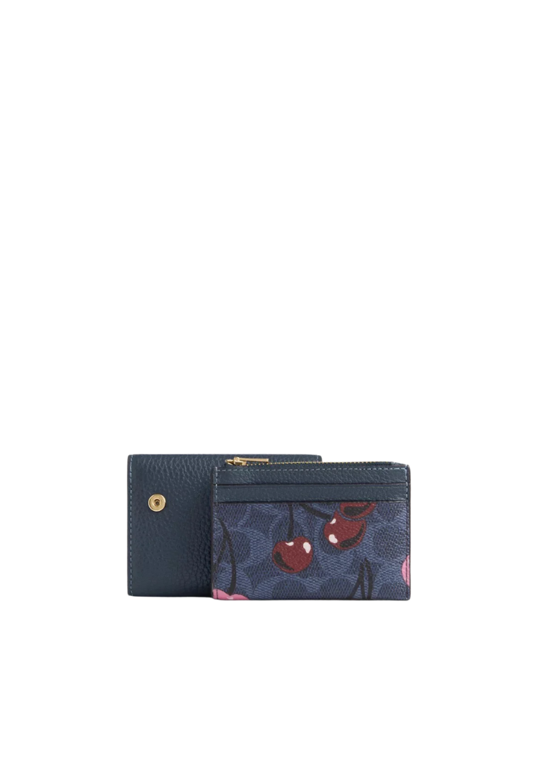 Coach Card Holder Wallet Signature Canvas With Cherry Print In Denim Multi CZ448