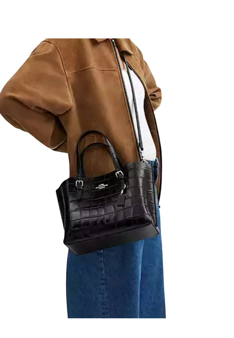 ( PREORDER ) Coach Mollie 25 With Embossed Crocodile Tote Bag In Silver Black CW017