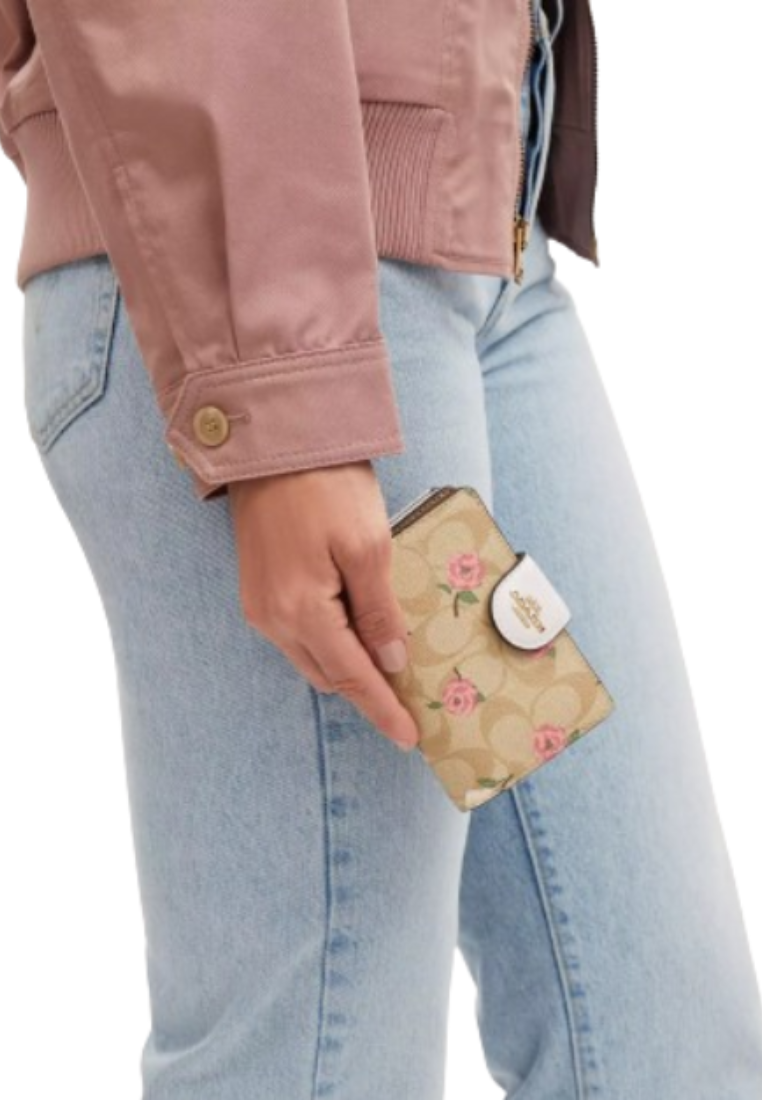 Coach Medium Corner Zip Wallet In Signature Canvas With Floral Print In Light Khaki Chalk Multi CR968