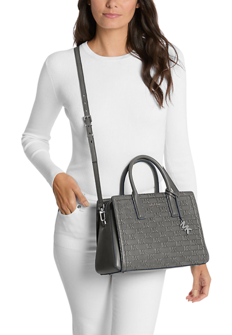 ( PREORDER ) Michael Kors Laila Medium Logo Embossed Burnished Leather Satchel Bag In Storm 30F5T9IS2L