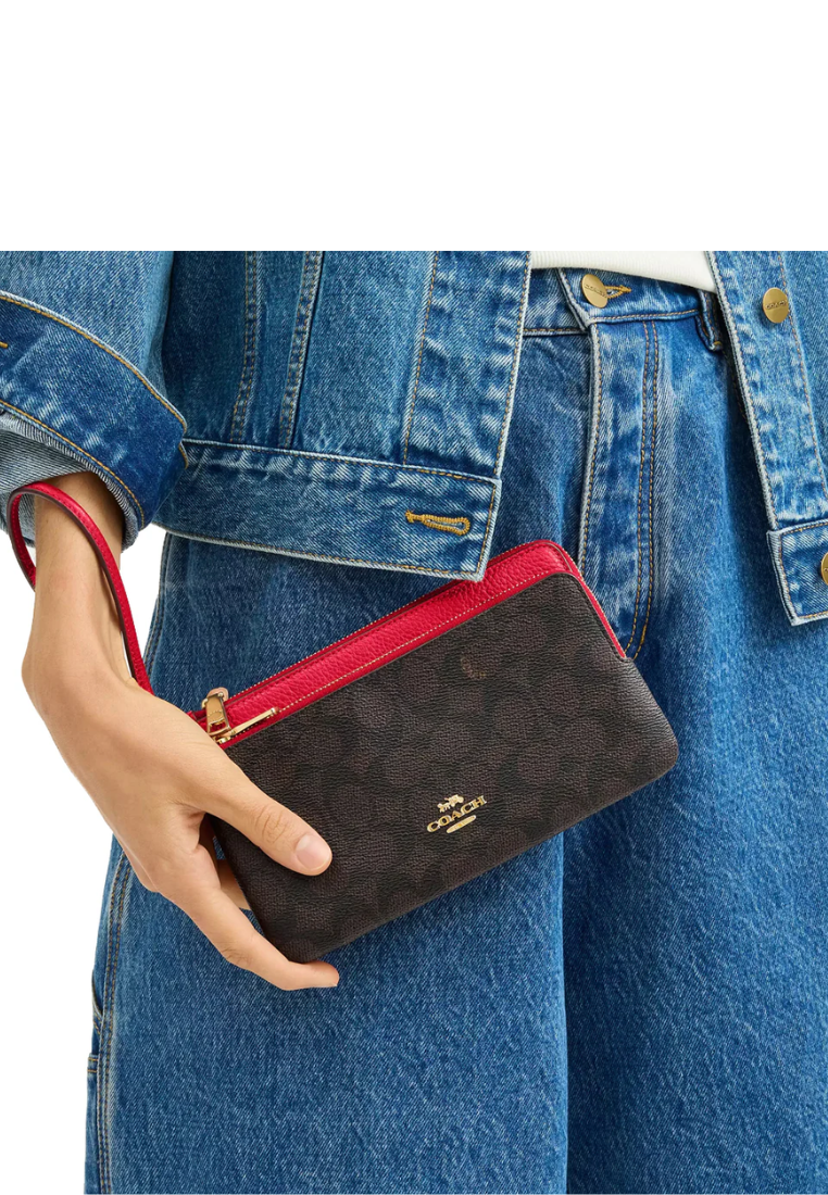 Coach Double Zip Wristlet Signature Canvas In Walnut Bold Red CX161