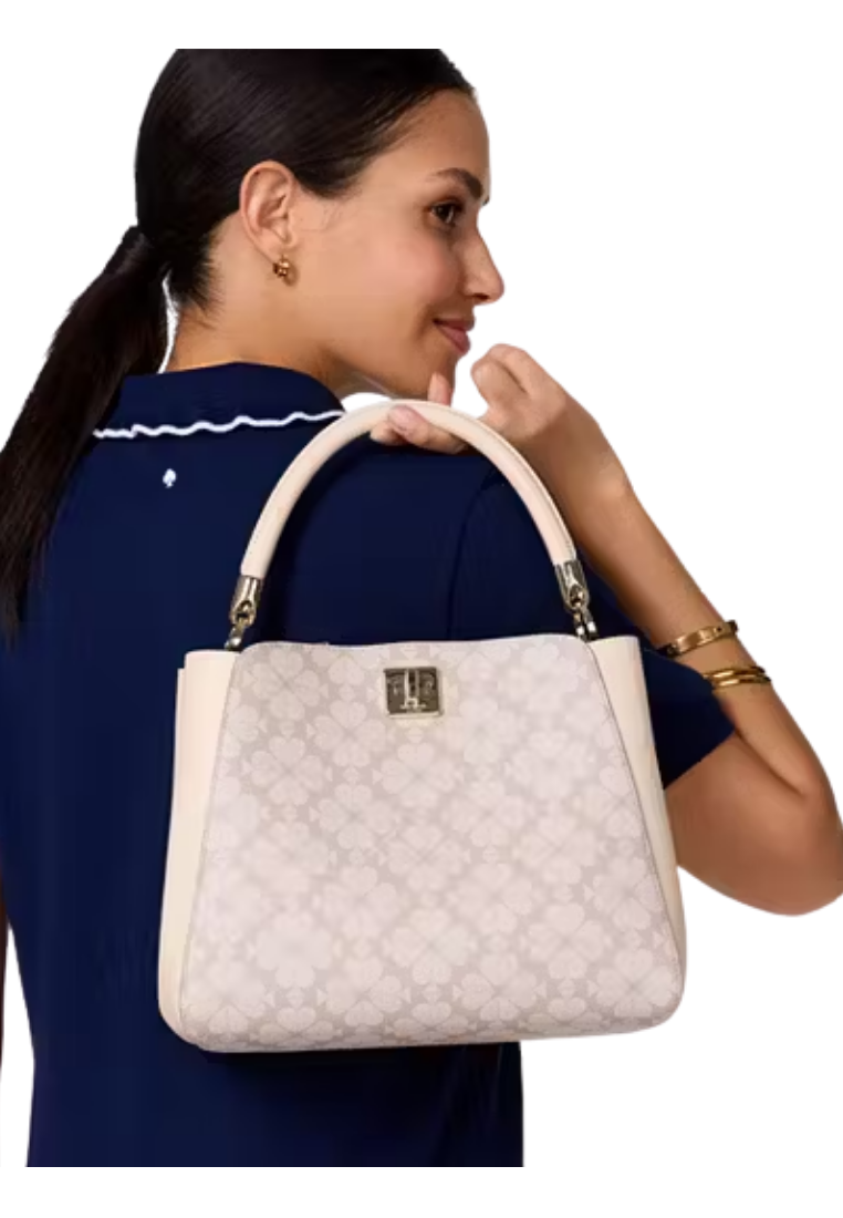 ( PREORDER ) Kate Spade Spade Flower Pvc Medium Top Handle Satchel In Dark Beige Multi KK998
