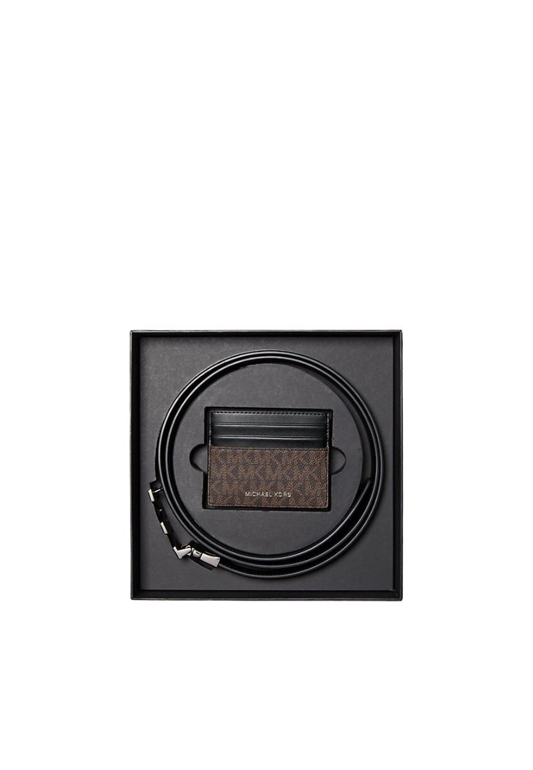 Michael Kors Signature Logo Card Case and Belt Gift Set In Brown Black 36S4LGFY6B