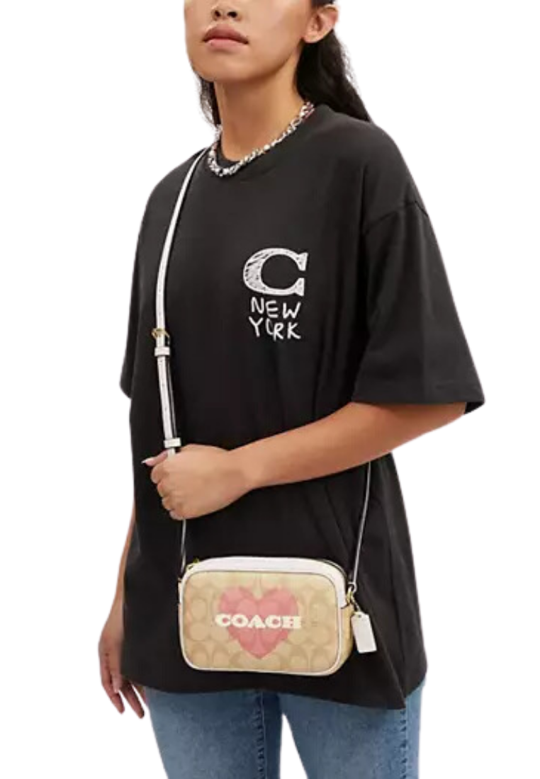 Coach Mini Jamie Camera Crossbody Bag In Signature Canvas With Heart Print In Light Khaki Chalk Multi CO939