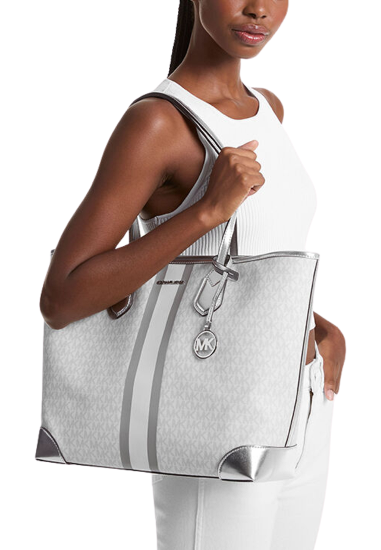 Michael Kors Eva Metallic Signature Logo Large Tote Bag In Optic White 35R5SV0T3V