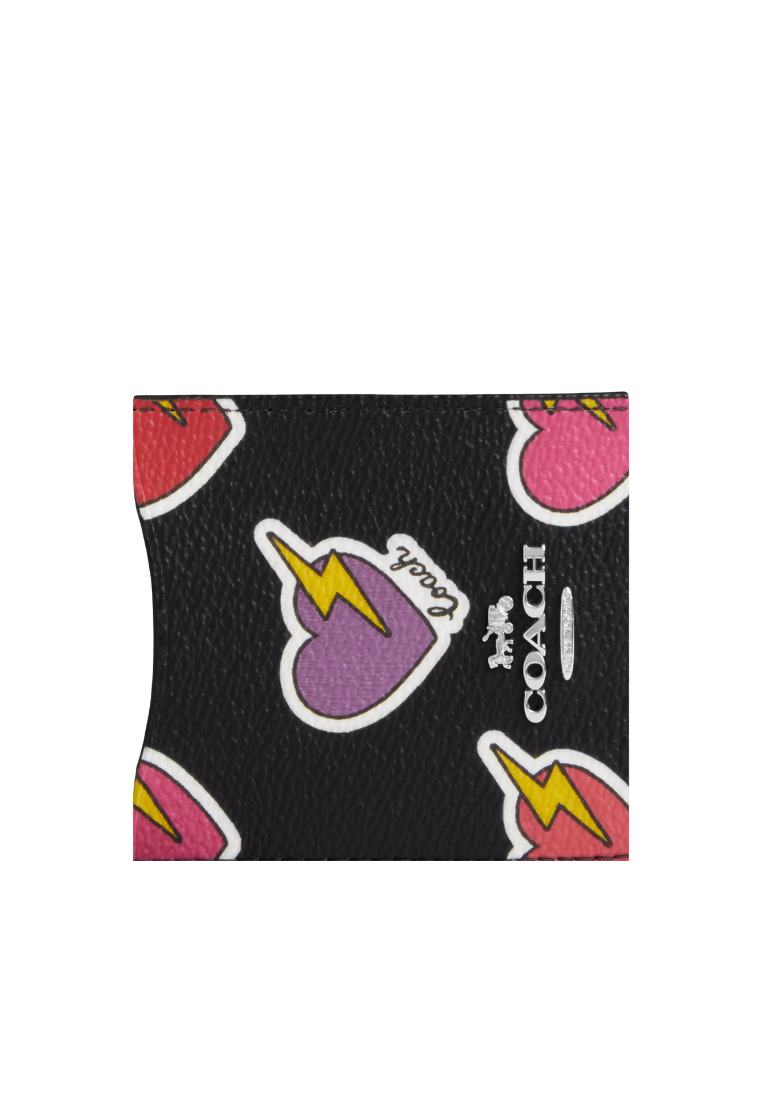 Coach Zip Card Case With Heart Bolt Print In Black Multi CW453