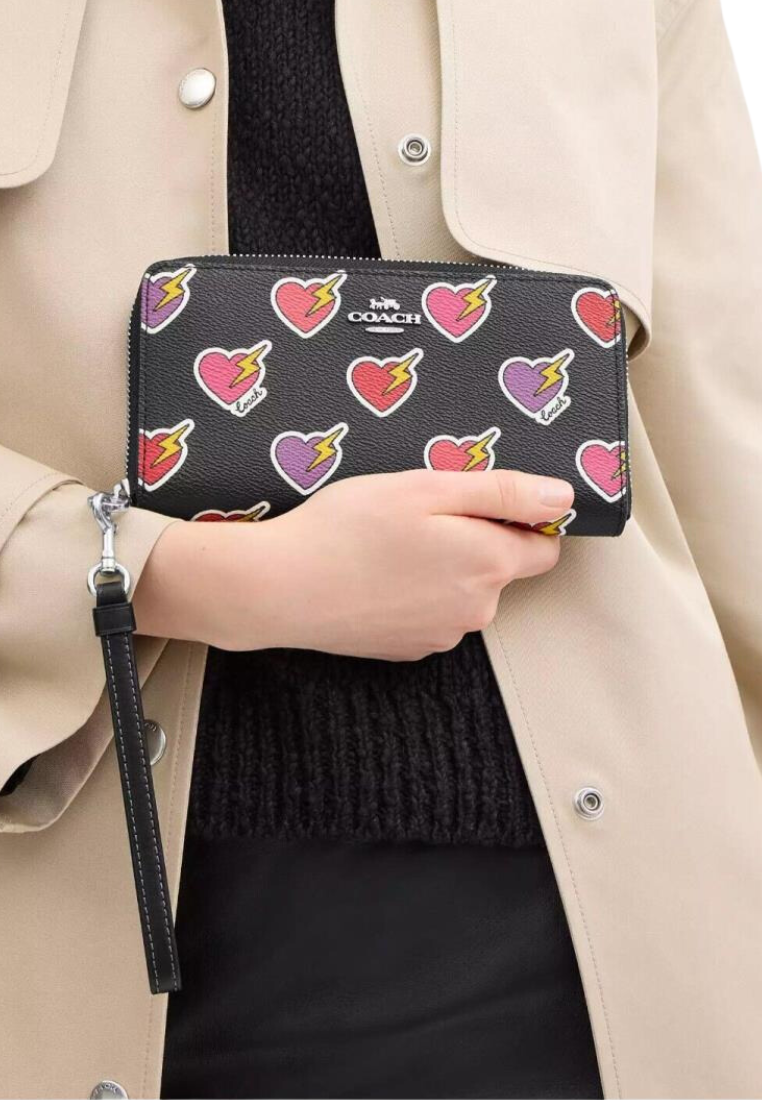 Coach Long Zip Around Wallet With Heart Bolt Print In Black Multi CW476