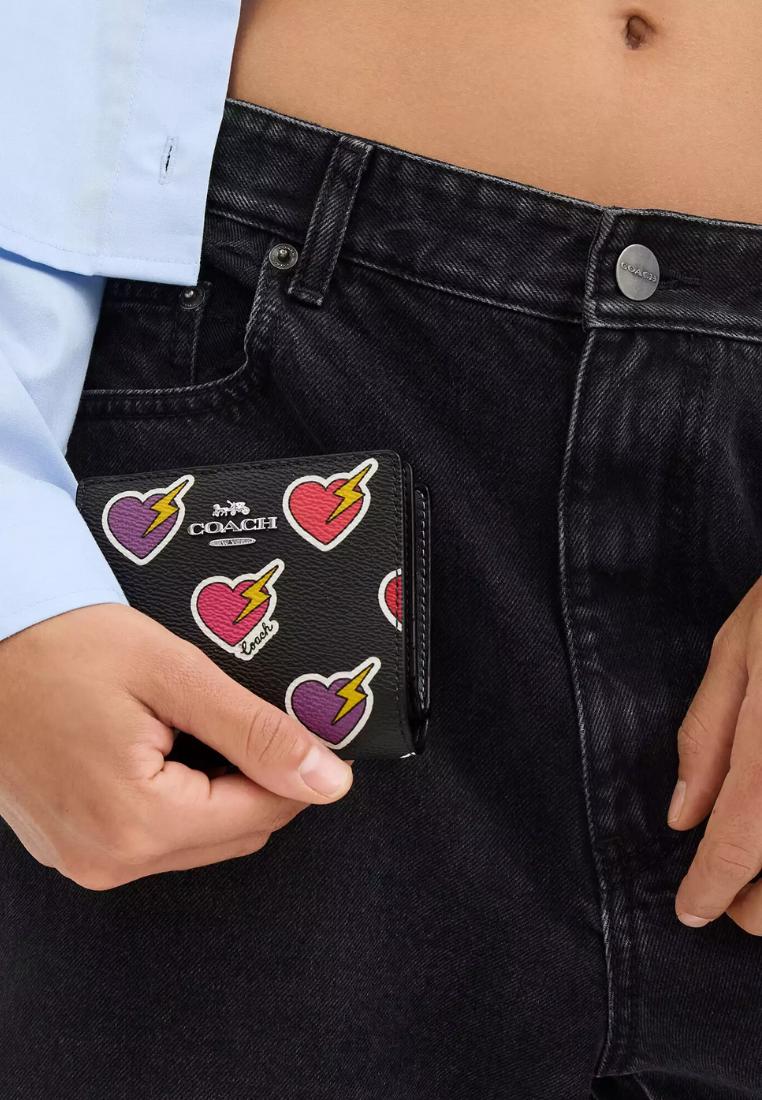 Coach Snap Wallet With Heart Bolt Print In Black Multi CW537