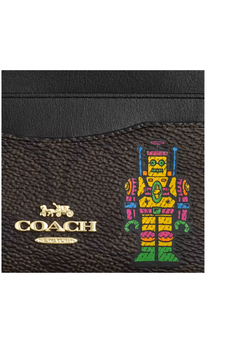 Coach Slim ID Card Case Signature Canvas With Robot Print In Walnut Multi CW929