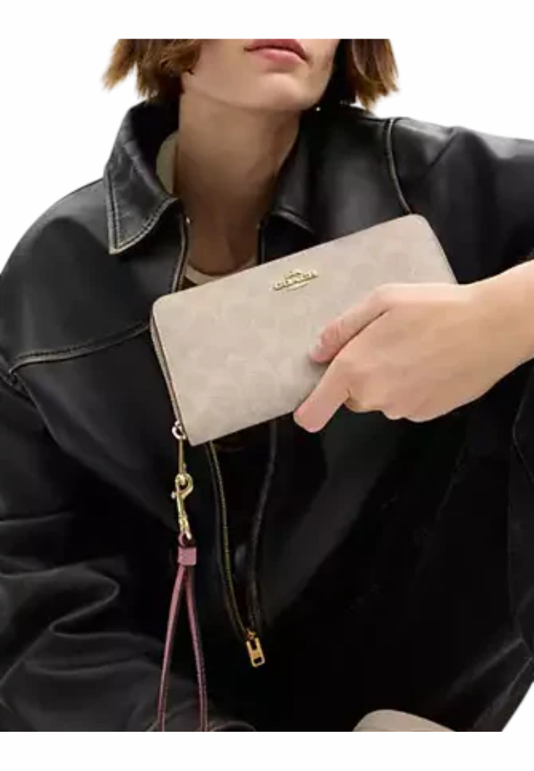 Coach Long Zip Around Wallet In Signature Canvas In Sand Peony CW778
