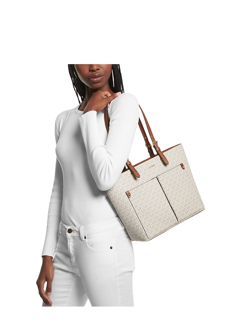 Michael Kors Jet Set Medium Logo Pocket Tote Bag Signature In Vanilla 35F3GTVT3B