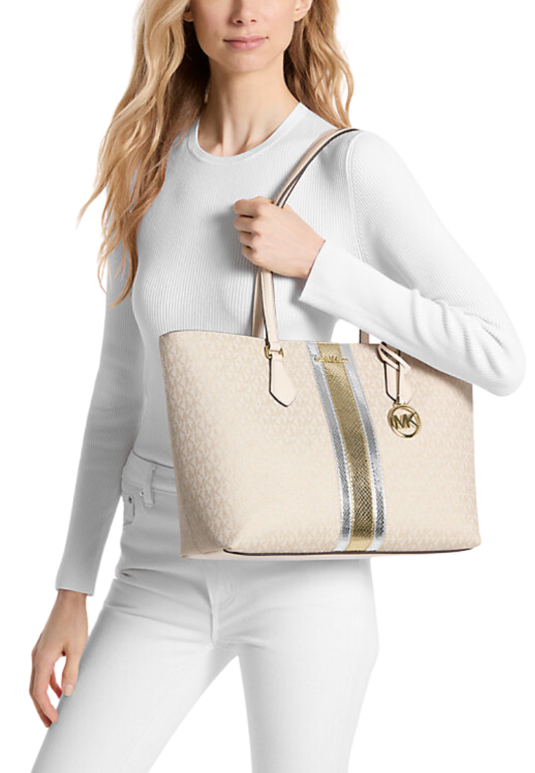 Michael Kors Sheila Large Signature Logo and Metallic Tote Bag In Pale Gold 35F4G6HT9V