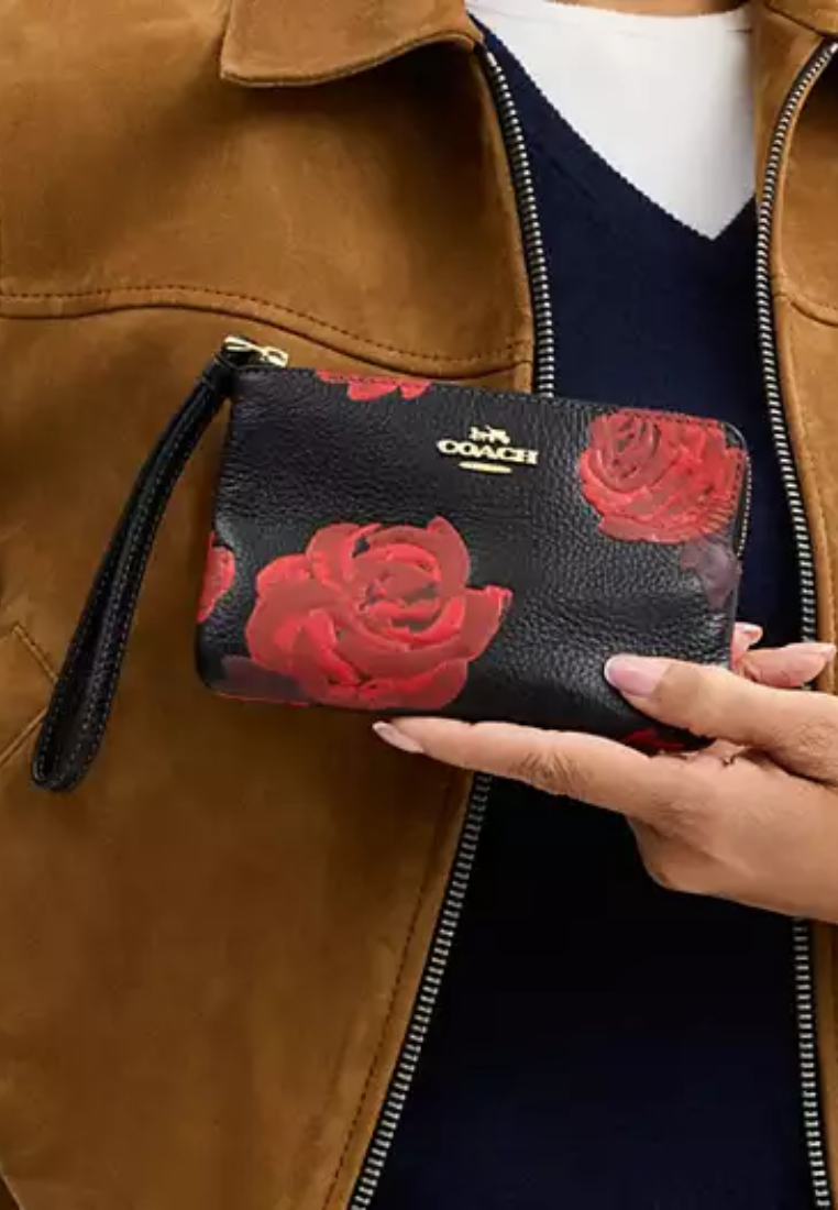 Coach Corner Zip Wristlet With Floral Print In Black Red CCJ70
