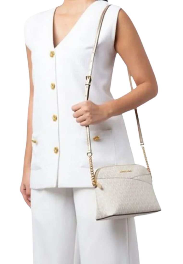 Michael Kors Jet Set Travel Medium Metallic Signature Logo Dome Crossbody Bag In Pale Gold 35F4GTVC6V