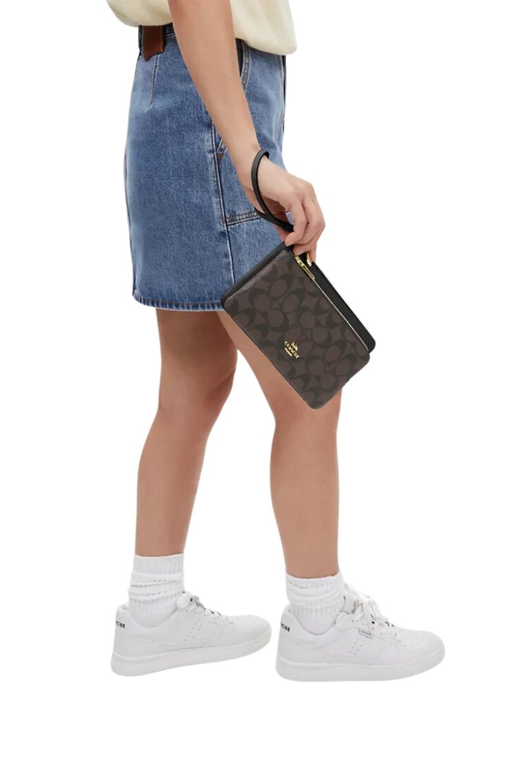 Coach Double Zip Wallet In Signature Canvas In Brown Black CU920