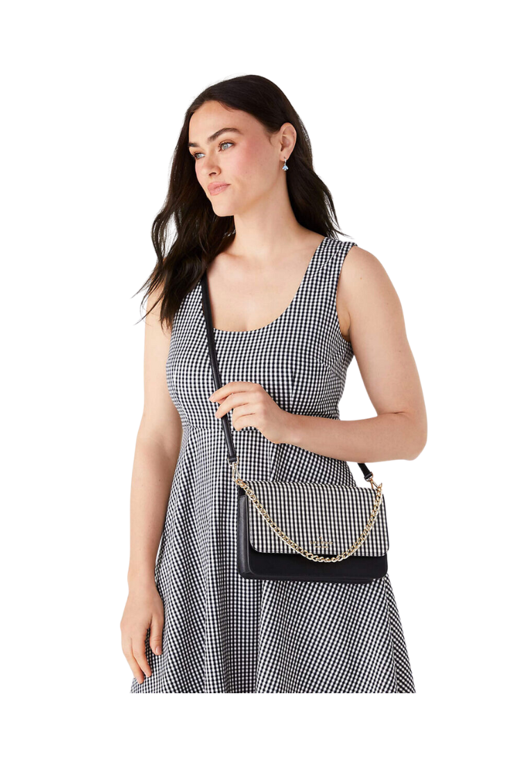 Kate Spade Madison Jazzy Gingham Printed Crossbody Bag Flap Convertible In Black Multi KC695