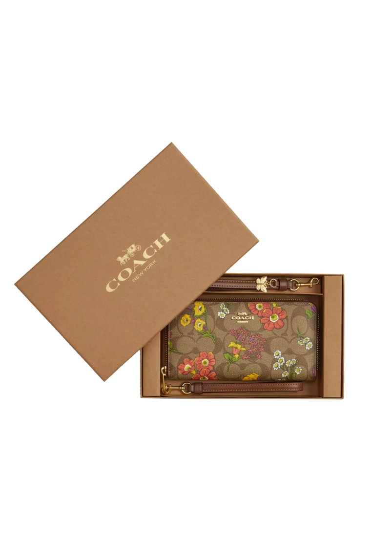 Coach Boxed Long Zip Around Wallet With Floral Print In Khaki Multi CR632