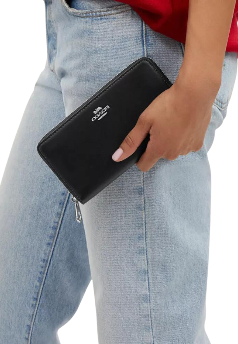 ( AS IS ) Coach Long Zip Around Wallet In Silver Black CR623