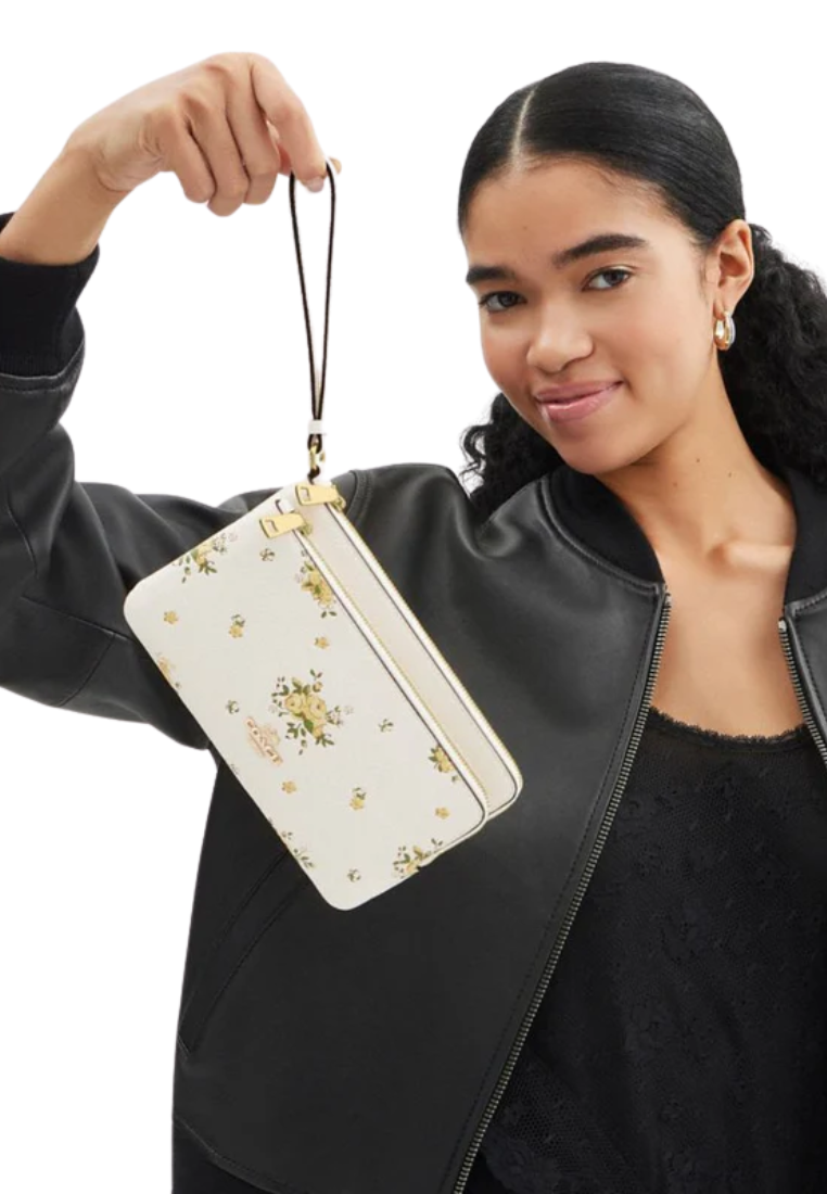 Coach Double Zip Wallet With Floral Print In Chalk Multi Cay51