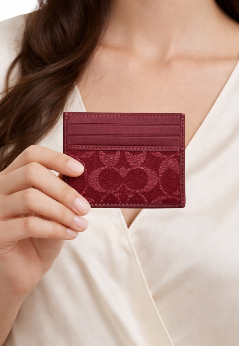 Coach Slim ID Card Case In Signature Denim In Ruby Red CAJ47