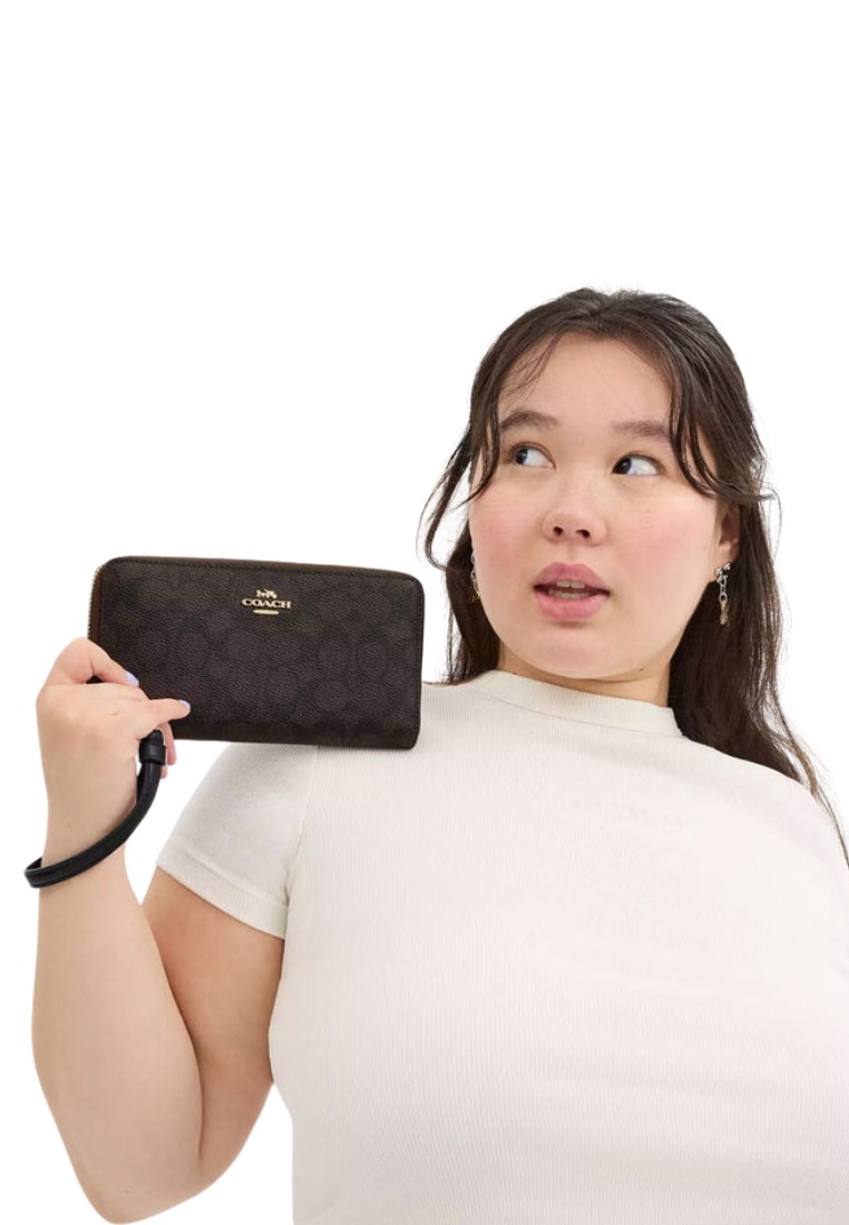 Coach Long Zip Around Wallet In Signature Canvas In Walnut Black CW778