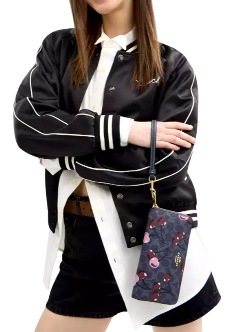 Coach Long Zip Around Wallet In Signature Canvas With Cherry Print In Denim Multi CZ328