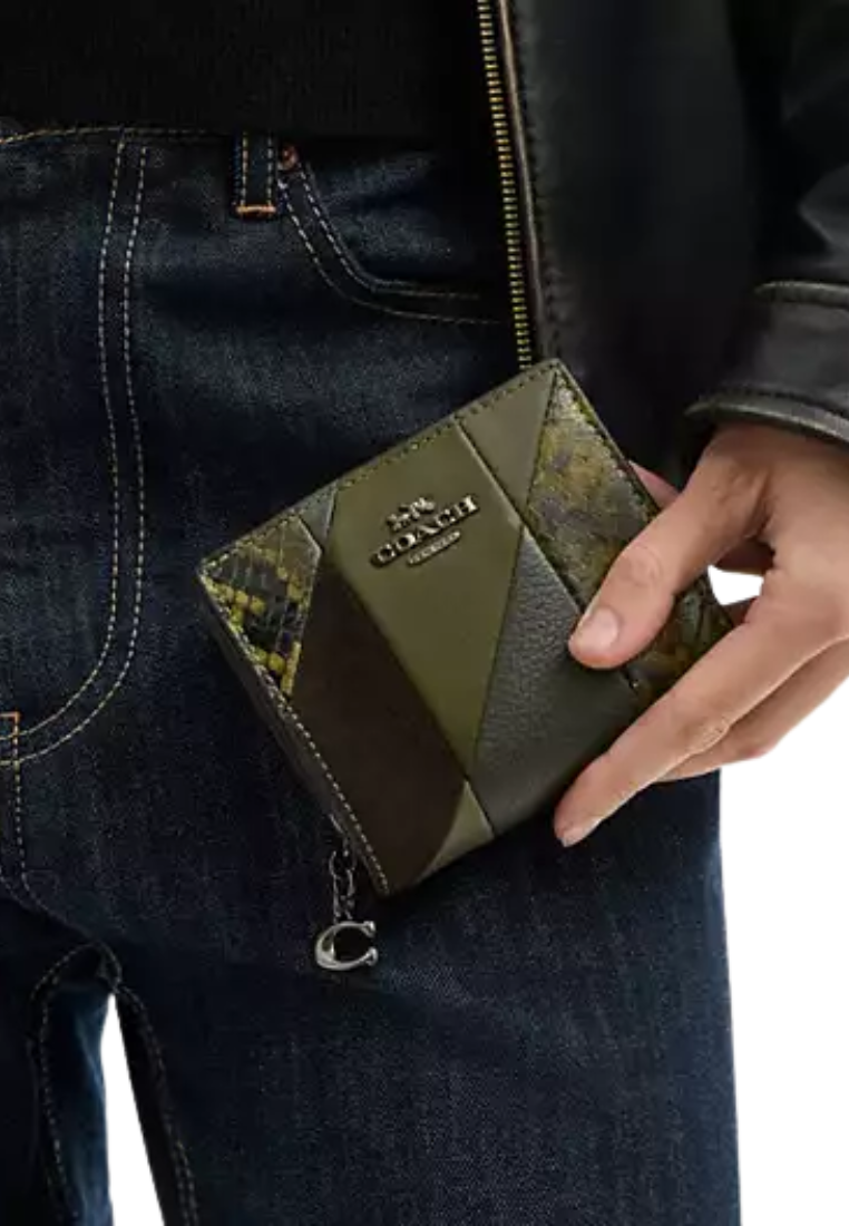 Coach Snap Wallet With Patchwork And Snake Print In Olive Multi CCL77