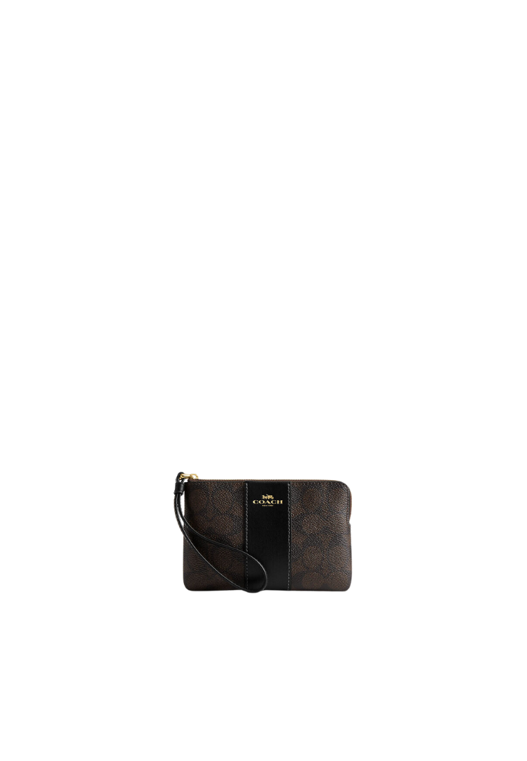 Coach Corner Zip Wristlet Signature Canvas With Stripe In Walnut Black CW854