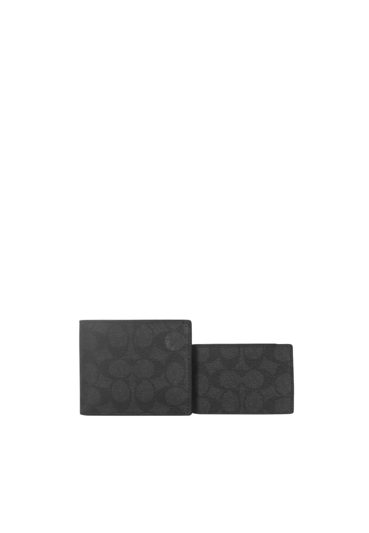 Coach Men's 3 In 1 Wallet Signature Canvas In Charcoal Black CW380
