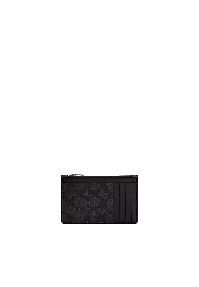 Coach Zip Card Case Signature In Charcoal Black CV764