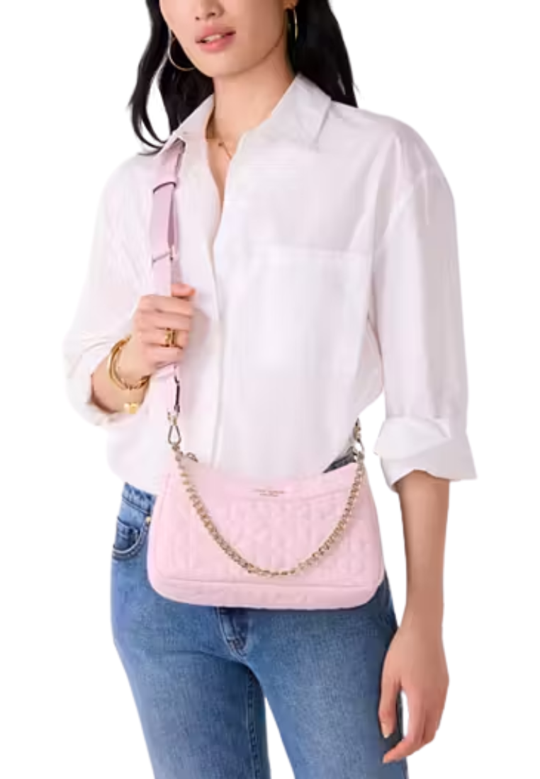 ( AS IS ) Kate Spade Spade Flower Quilted Nylon Convertible Shoulder Bag In Pink Horiz KK077