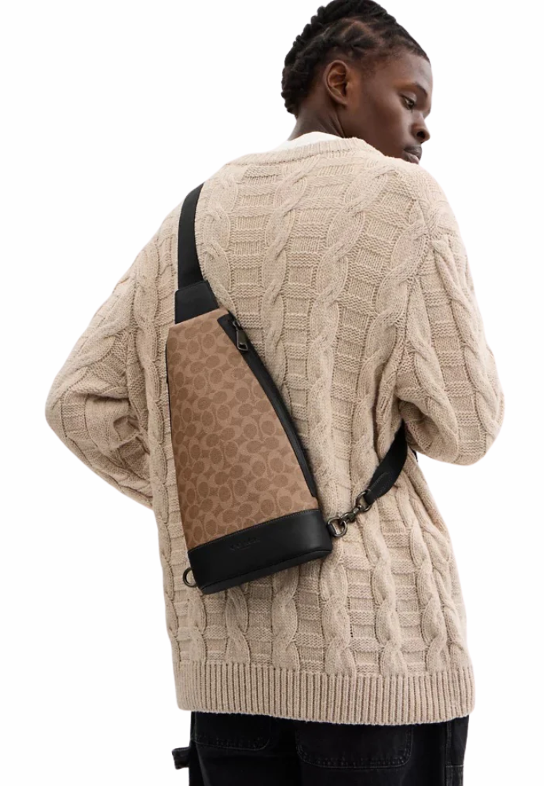 Coach Dominic In Signature Canvas Sling Bag In Tan Black CY801