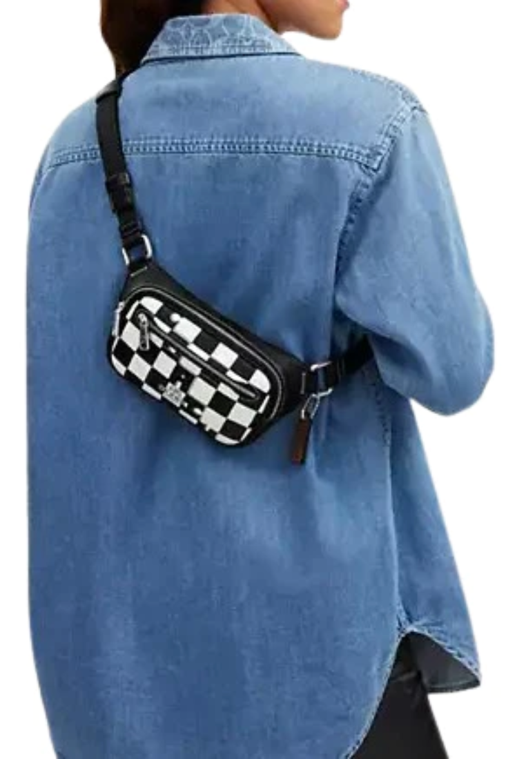 Coach Elias Mini Belt Bag With Checkerboard Print In Black Chalk CR210