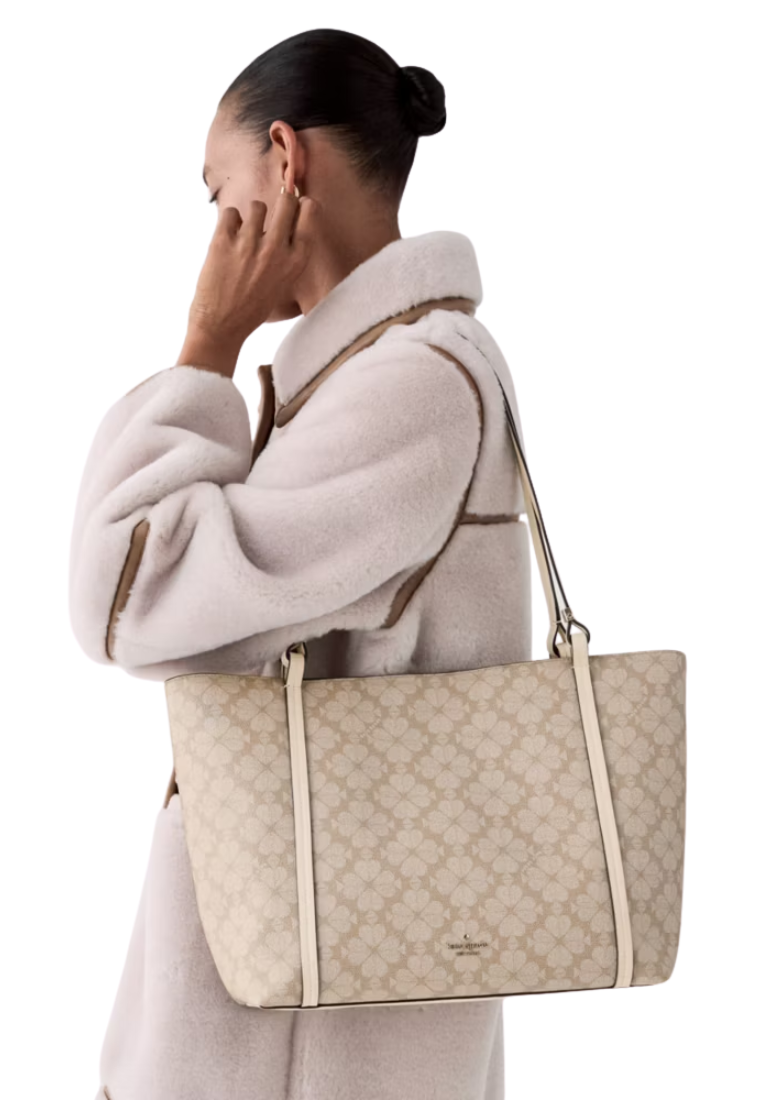 ( PREORDER ) Kate Spade Marlowe Spade Flower Coated Canvas Tote Bag In Dark Beige Moon Dust KP265