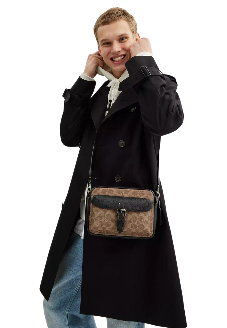 Coach Warner Crossbody Bag Signature Canvas In Tan Black CW217