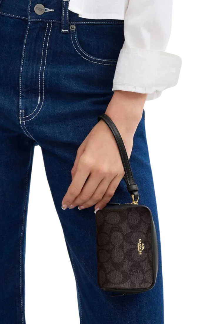 Coach Pouch Wristlet Signature Canvas In Walnut Black CW907