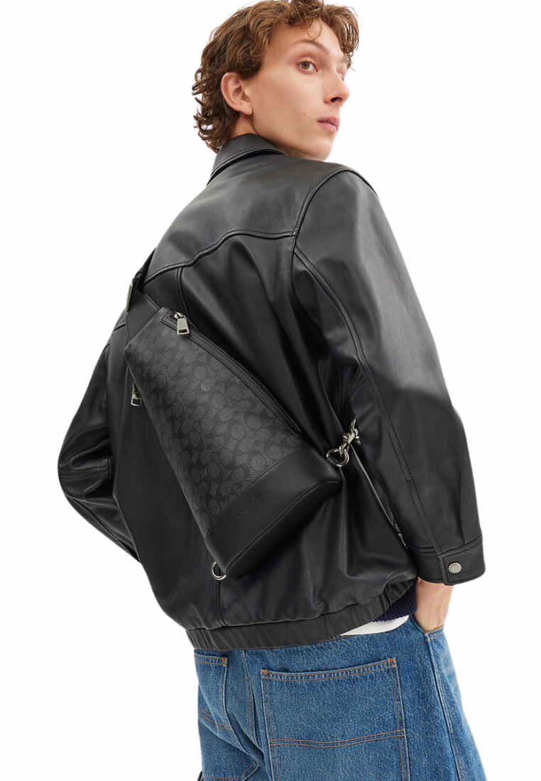 Coach Dominic In Signature Canvas Sling Bag In Charcoal Black CY801
