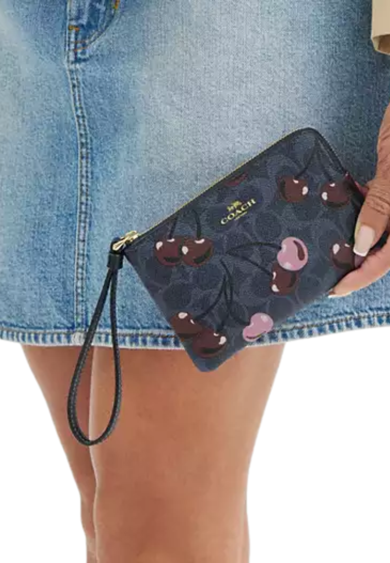 Coach Corner Zip Wristlet In Signature Canvas with Cherry Print In Denim CZ450