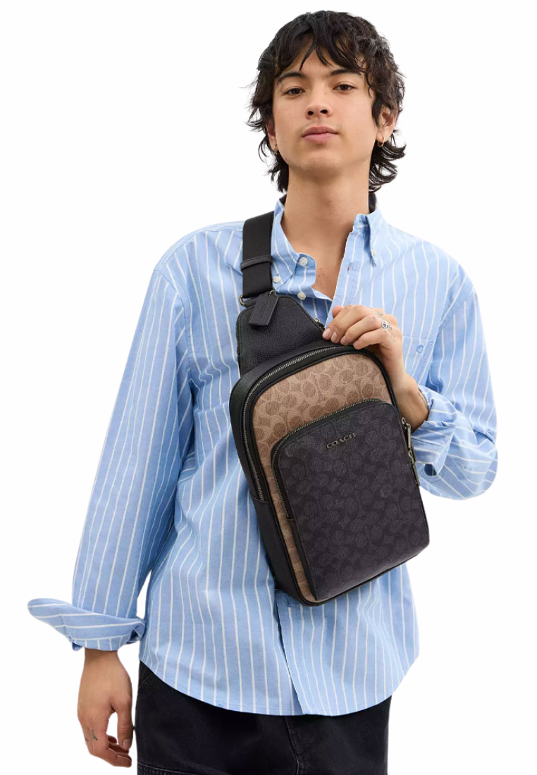Coach Ethan Pack In Blocked Signature Canvas Sling Bag In Tan Charcoal Black CZ394