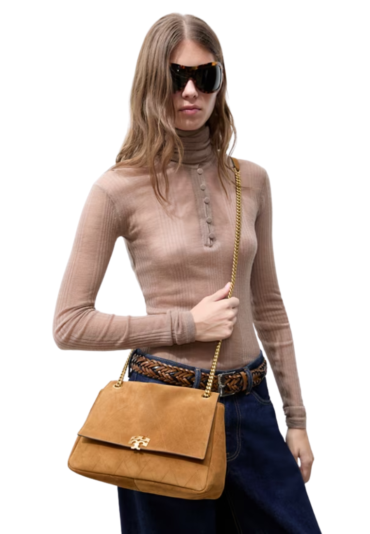 ( PREORDER ) Tory Burch Charlie Quilted Suede Shoulder Bag In Caramel 183357