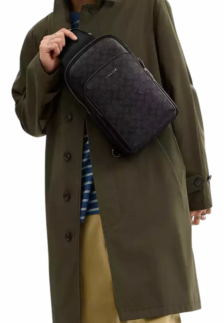 Coach Ethan Pack In Blocked Signature Canvas Sling Bag In Charcoal Black CZ393