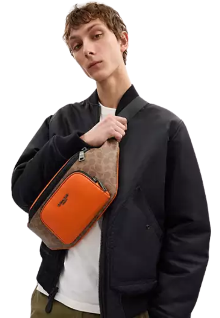 Coach Racer Belt Bag Colorblock Signature Canvas In Spice Orange Multi CAJ77