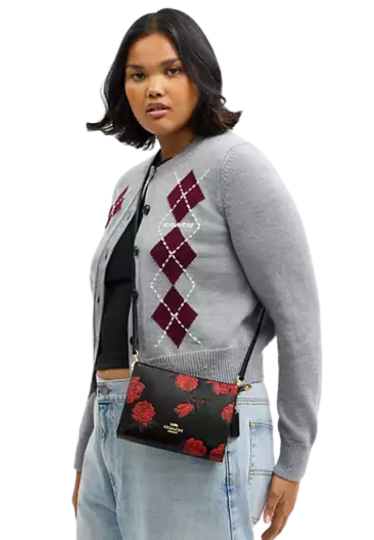 Coach Slim Crossbody Bag With Floral Print In Black Red CCI76