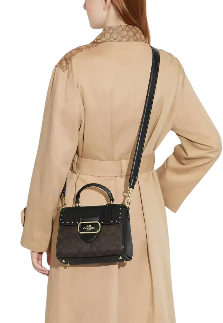 Coach Morgan Top Handle Satchel CF322 With Colorblock Signature Canvas With Rivets In Brown Black Multi