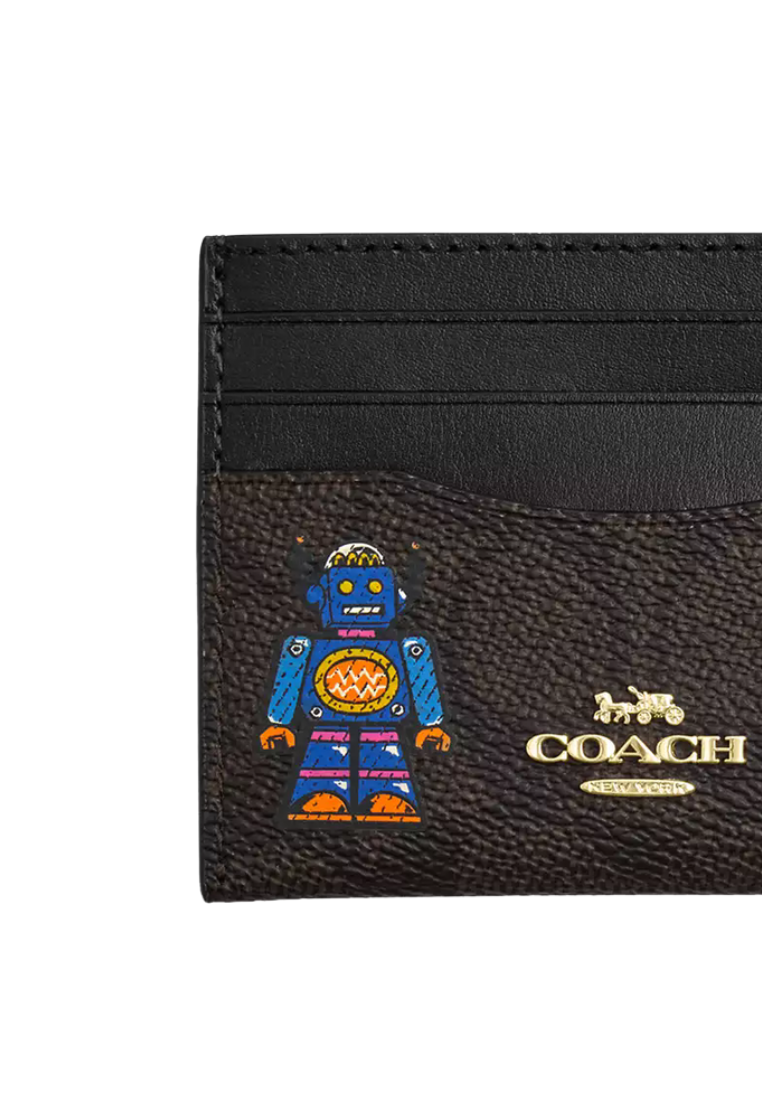Coach Slim ID Card Case Signature Canvas With Robot Print In Walnut Multi CW929