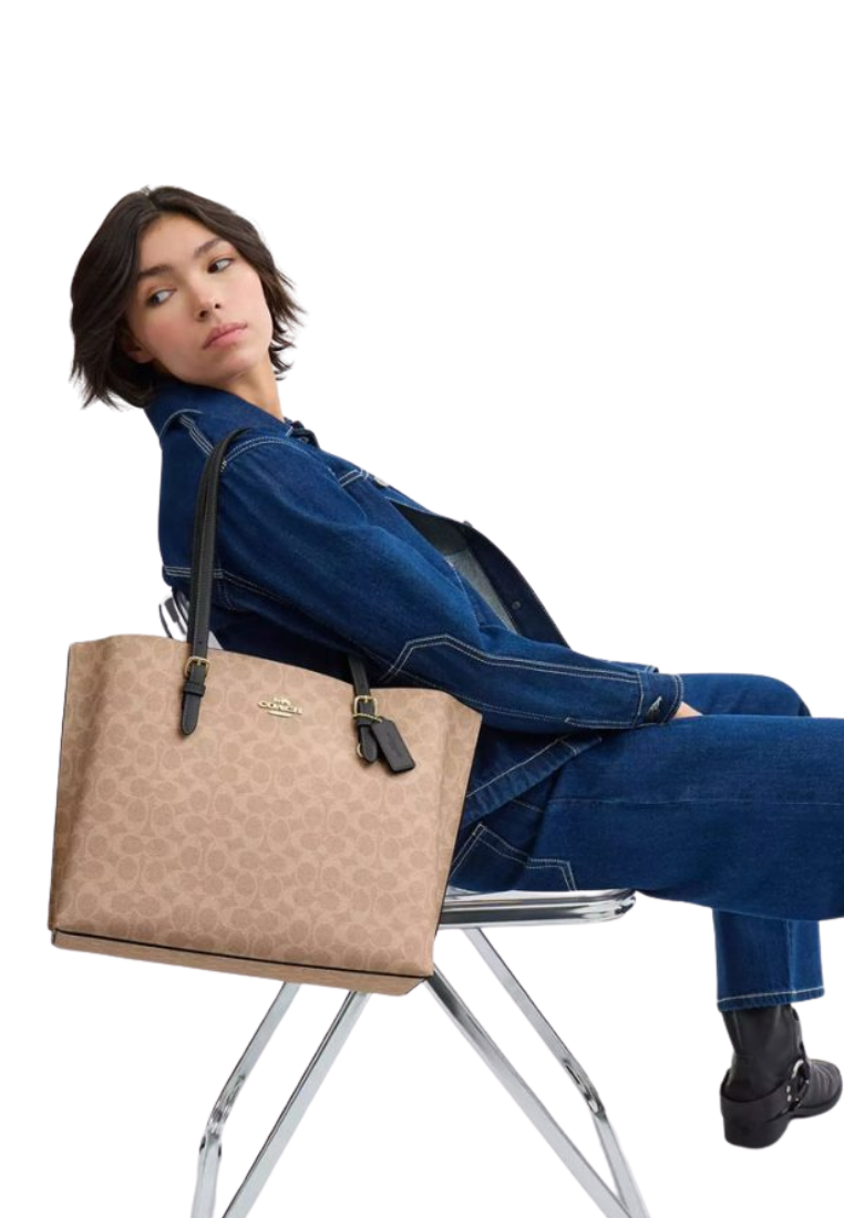 Coach Mollie In Signature Canvas Tote Bag In Tan Black CV967