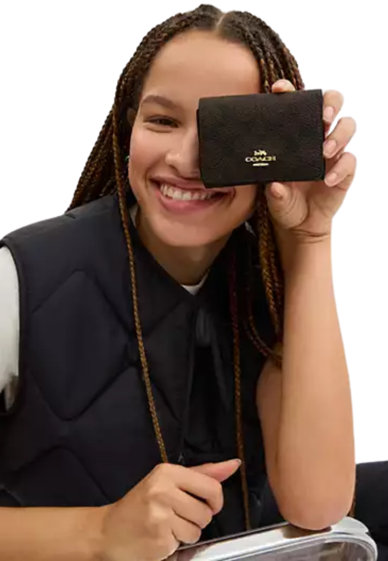 ( AS IS ) Coach Card Holder Wallet In Blocked Signature Canvas In Walnut Tan CZ446