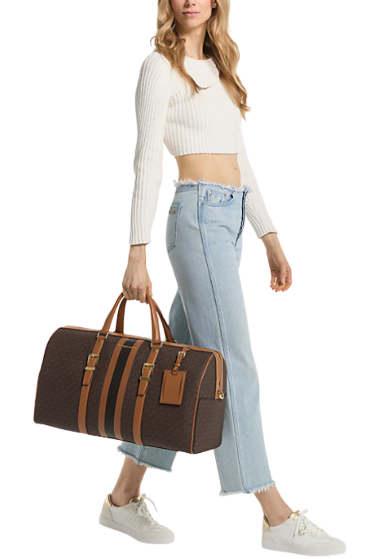 ( PREORDER ) Michael Kors Bedford Travel Extra-Large Signature Logo Stripe Weekender Bag In Brown Acorn 30F9G07U4B